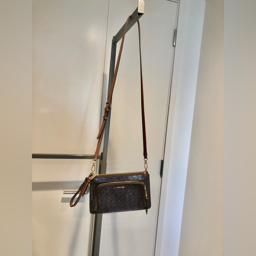 Calvin Klein Logo Tan and Brown Crossbody Bag OS